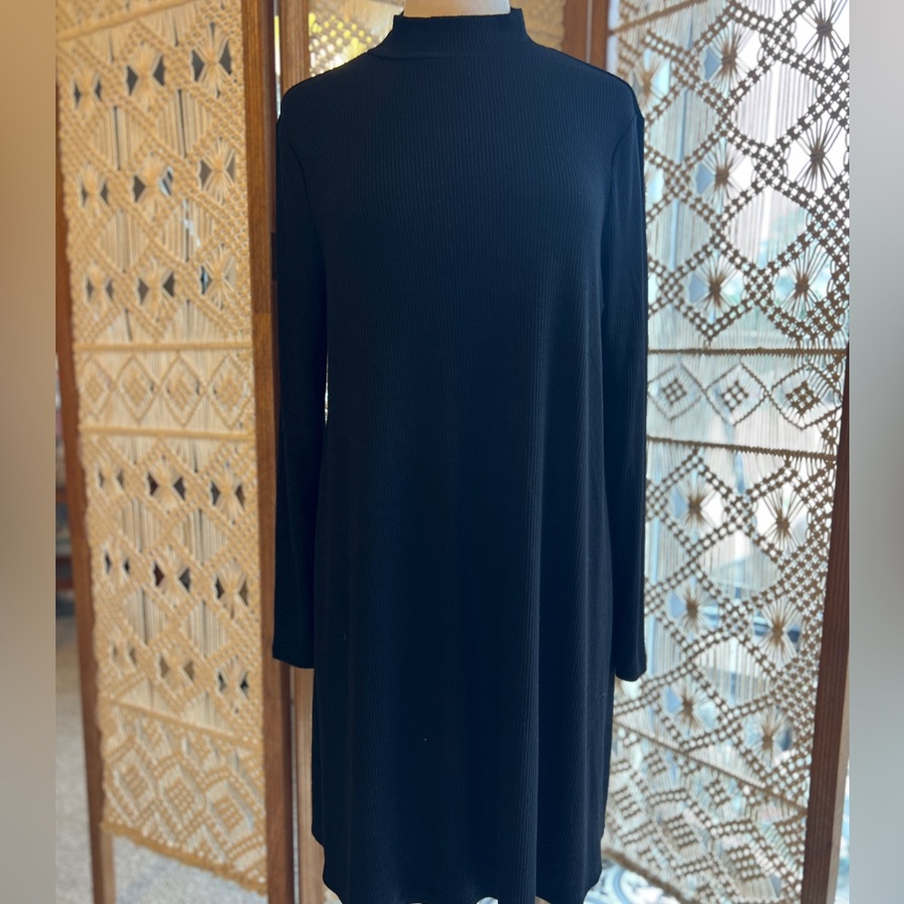 GAP Black Midi Mock Neck Ribbed Long Sleeve Dress